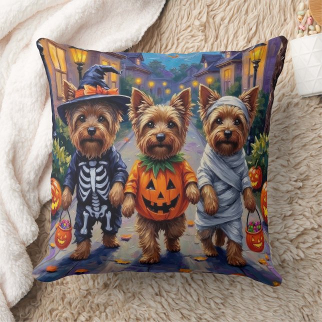 Yorkshire Terrier Dogs in Halloween Costumes Throw Pillow (Blanket)