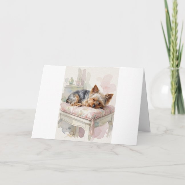Yorkshire Terrier Dozing On The Vanity Cushion Gre Card