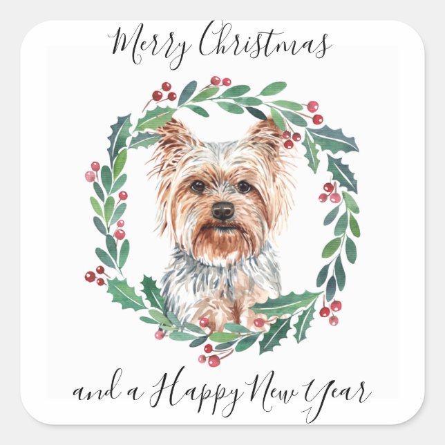 Yorkshire Terrier Elegant Dog Merry Christmas Square Sticker (Front)