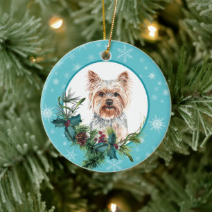 Yorkshire Terrier Evergreen Blue Snowflake Border Ceramic Ornament