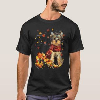 Yorkshire Terrier Fall Scarf Dogs Autumn Leaves T-Shirt
