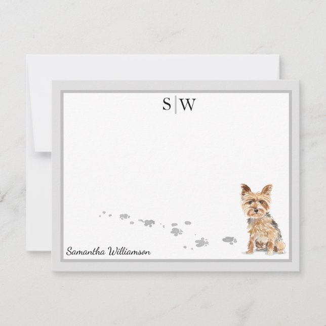 Yorkshire Terrier Gray Border Monogram Personalize Note Card (Front)