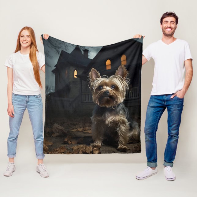 Yorkshire Terrier Halloween Scary  Fleece Blanket (In Situ)