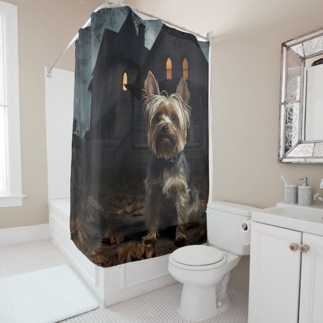 Yorkshire Terrier Halloween Scary  Shower Curtain (In Situ)