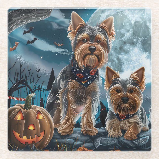 Yorkshire Terrier Halloween Spooky Glass Coaster (Front)
