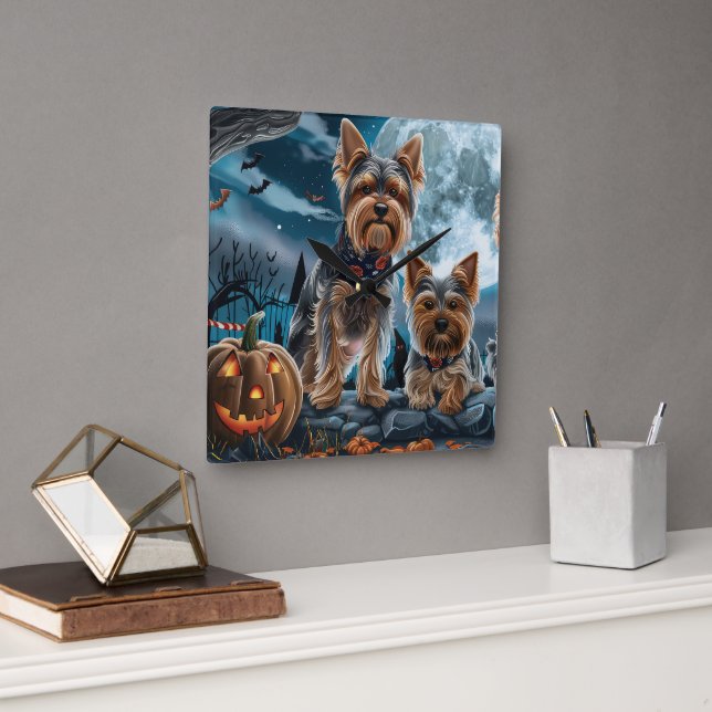 Yorkshire Terrier Halloween Spooky Square Wall Clock (Office)