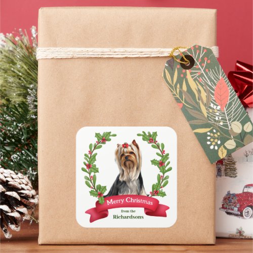 Yorkshire Terrier Holly Wreath Christmas Square Sticker