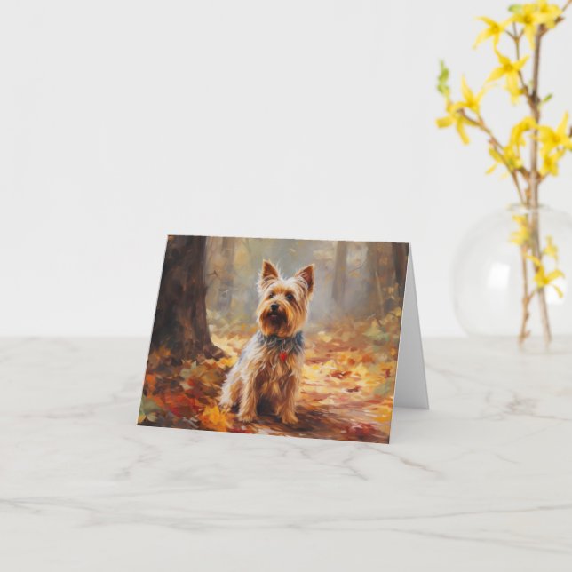 Yorkshire Terrier in Autumn Leaves Fall Inspire  Card (Yellow Flower)