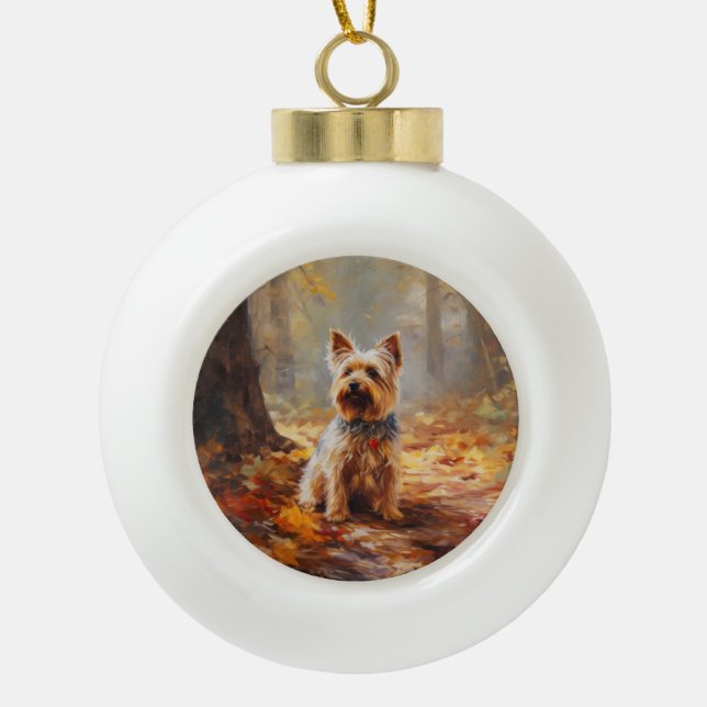 Yorkshire Terrier in Autumn Leaves Fall Inspire  Ceramic Ball Christmas Ornament (Front)