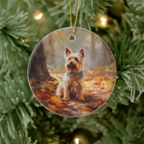 Yorkshire Terrier in Autumn Leaves Fall Inspire  Ceramic Ornament