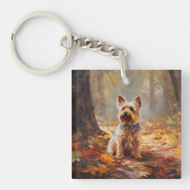 Yorkshire Terrier in Autumn Leaves Fall Inspire  Keychain (Front)