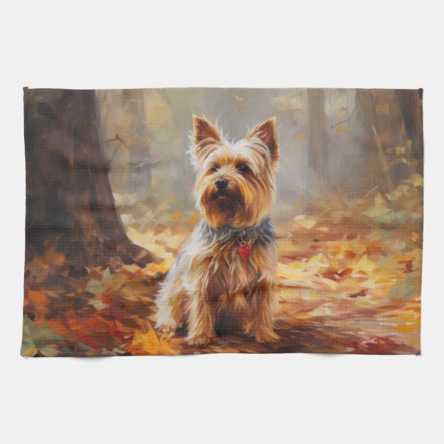 Yorkshire Terrier in Autumn Leaves Fall Inspire  Kitchen Towel (Horizontal)