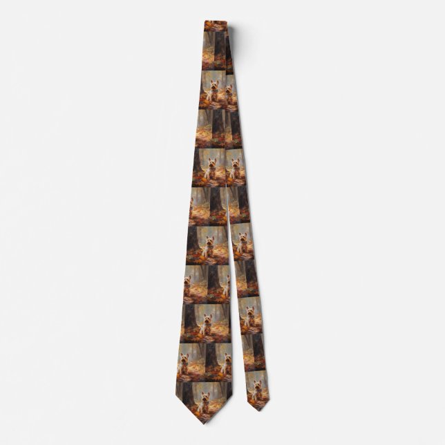 Yorkshire Terrier in Autumn Leaves Fall Inspire  Neck Tie (Front)