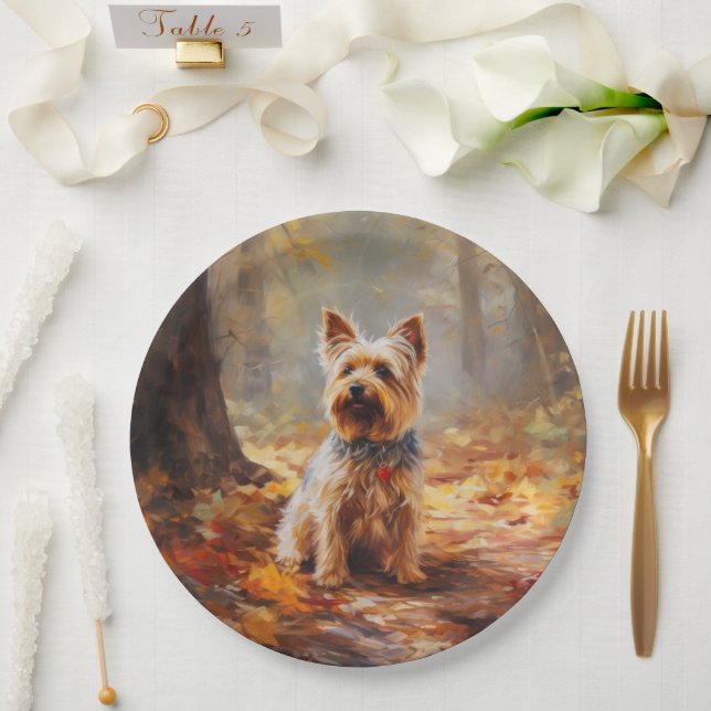 Yorkshire Terrier in Autumn Leaves Fall Inspire  Paper Plates (Wedding)
