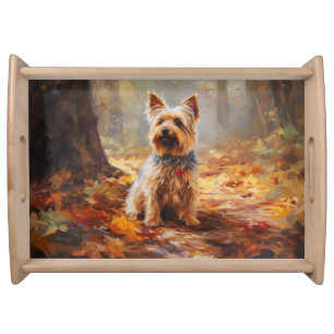 Yorkshire Terrier in Autumn Leaves Fall Inspire Serving Tray