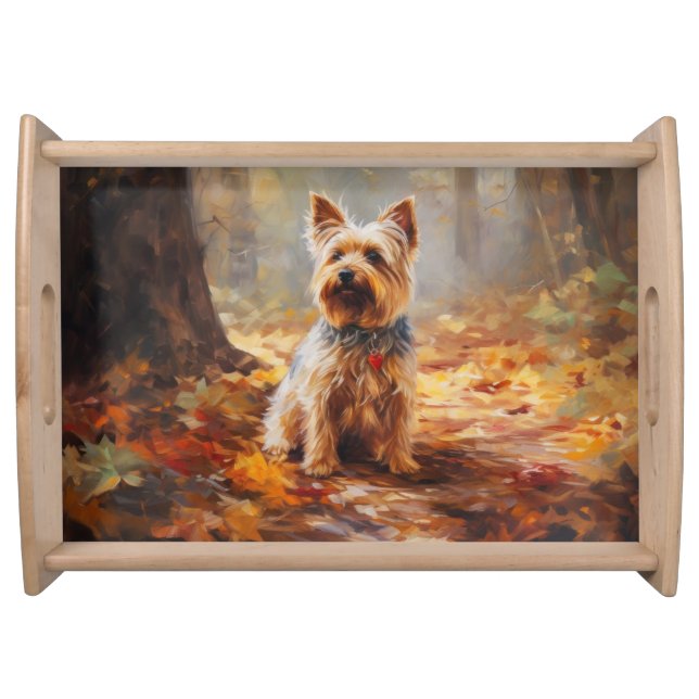 Yorkshire Terrier in Autumn Leaves Fall Inspire  Serving Tray (Front)
