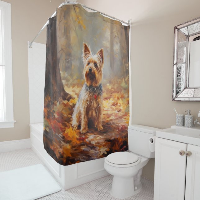 Yorkshire Terrier in Autumn Leaves Fall Inspire  Shower Curtain (In Situ)