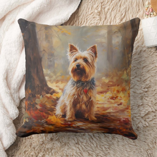 Yorkshire Terrier in Autumn Leaves Fall Inspire  Throw Pillow (Blanket)
