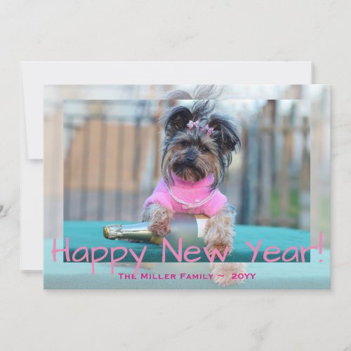 Yorkshire Terrier in Pink Happy New Year Dog Photo Holiday Card