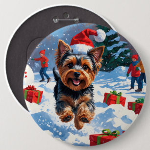 Yorkshire Terrier in Snow with Christmas Hat Button