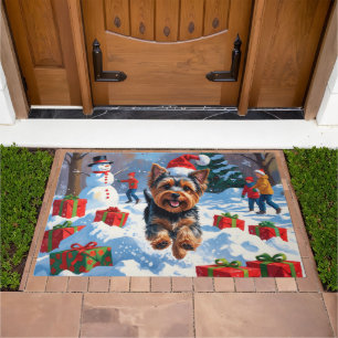 Yorkshire Terrier in Snow with Christmas Hat Doormat