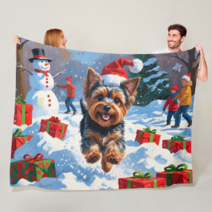 Yorkshire Terrier in Snow with Christmas Hat Fleece Blanket