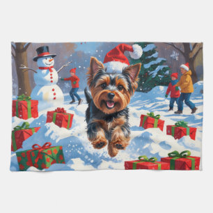 Yorkshire Terrier in Snow with Christmas Hat Kitchen Towel