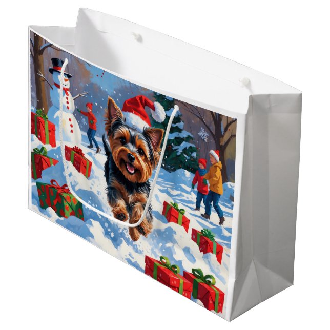 Yorkshire Terrier in Snow with Christmas Hat Large Gift Bag (Front Angled)