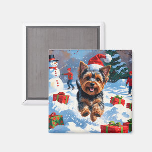 Yorkshire Terrier in Snow with Christmas Hat Magnet