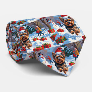 Yorkshire Terrier in Snow with Christmas Hat Neck Tie