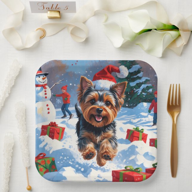 Yorkshire Terrier in Snow with Christmas Hat Paper Plates (Wedding)