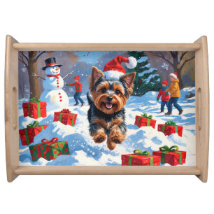Yorkshire Terrier in Snow with Christmas Hat Serving Tray