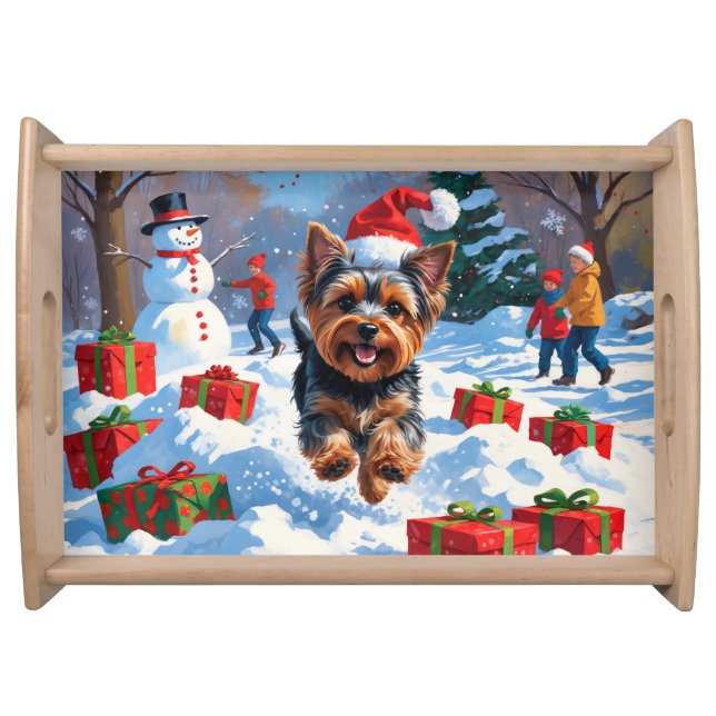 Yorkshire Terrier in Snow with Christmas Hat Serving Tray (Front)