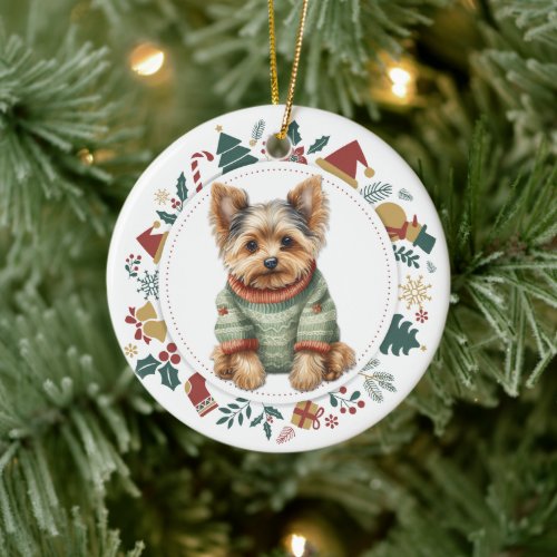 Yorkshire Terrier in Winter Sweater Christmas Ceramic Ornament
