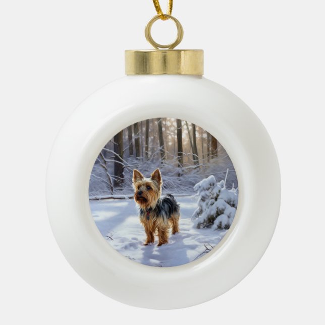 Yorkshire Terrier Let It Snow Christmas Ceramic Ball Christmas Ornament (Front)
