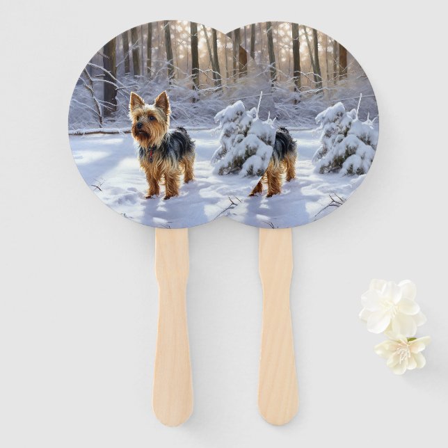 Yorkshire Terrier Let It Snow Christmas Hand Fan (Front and Back)