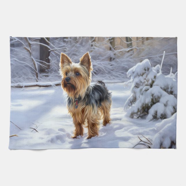 Yorkshire Terrier Let It Snow Christmas Kitchen Towel (Horizontal)