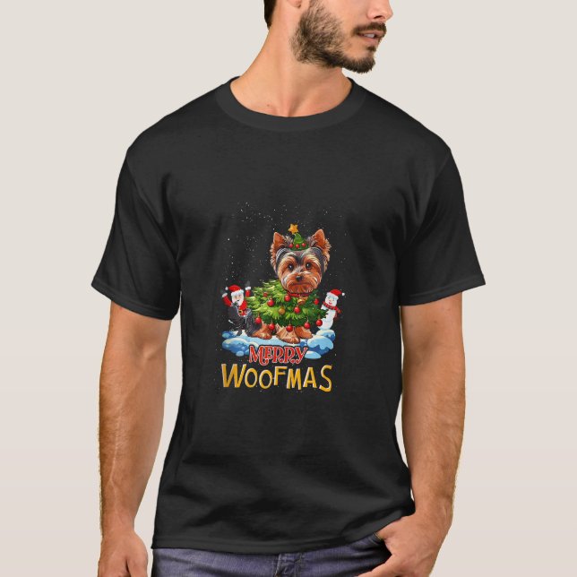 Yorkshire Terrier Merry Christmas Tree Lights Dog  T-Shirt (Front)