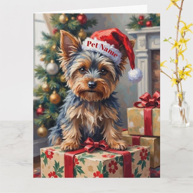 Yorkshire Terrier on Presents with Santa Hat Card (Yellow Flower)