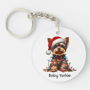 Yorkshire Terrier On Santa Hat And Christmas Light Keychain