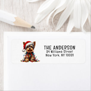 Yorkshire Terrier On Santa Hat And Christmas Light Label
