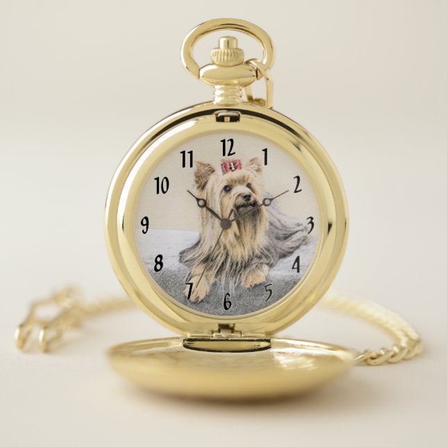 Yorkshire Terrier Painting - Cute Original Dog Art Pocket Watch (Inside)