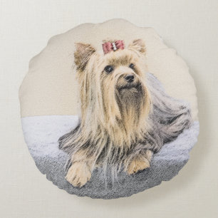 Yorkshire Terrier Painting - Cute Original Dog Art Round Pillow