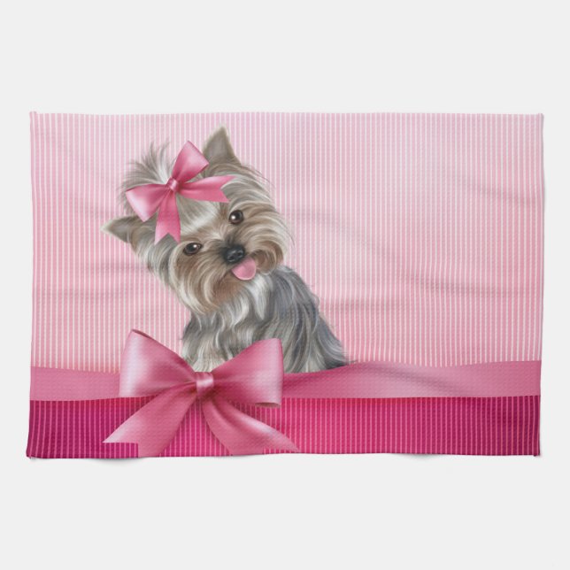 Yorkshire Terrier Pink Princess Yorkie Puppy Dog Kitchen Towel (Horizontal)