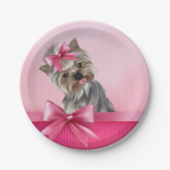 Yorkshire Terrier Pink Princess Yorkie Puppy Dog Paper Plates (Front)