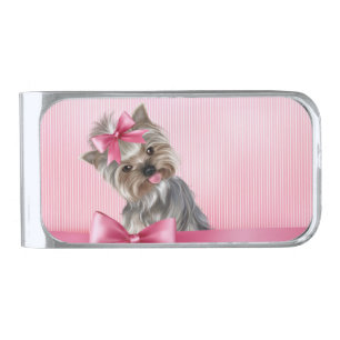 Yorkshire Terrier Pink Princess Yorkie Puppy Dog Silver Finish Money Clip