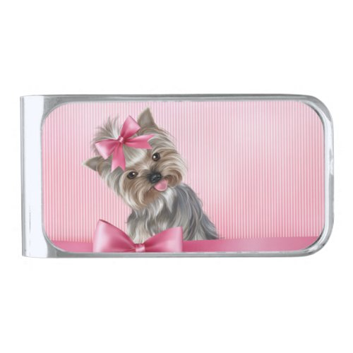 Yorkshire Terrier Pink Princess Yorkie Puppy Dog Silver Finish Money Clip