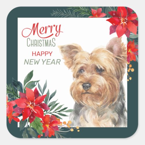 Yorkshire Terrier Poinsettia Border Square Sticker