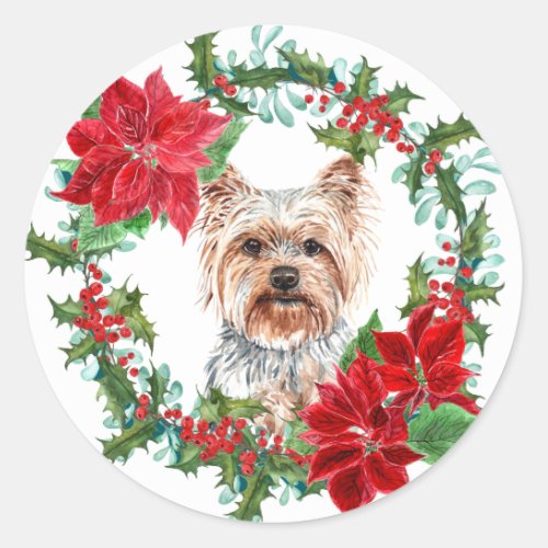 Yorkshire Terrier Poinsettia Holly Holiday Wreath Classic Round Sticker