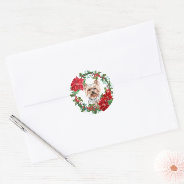 Yorkshire Terrier Poinsettia Holly Holiday Wreath Classic Round Sticker (Envelope)
